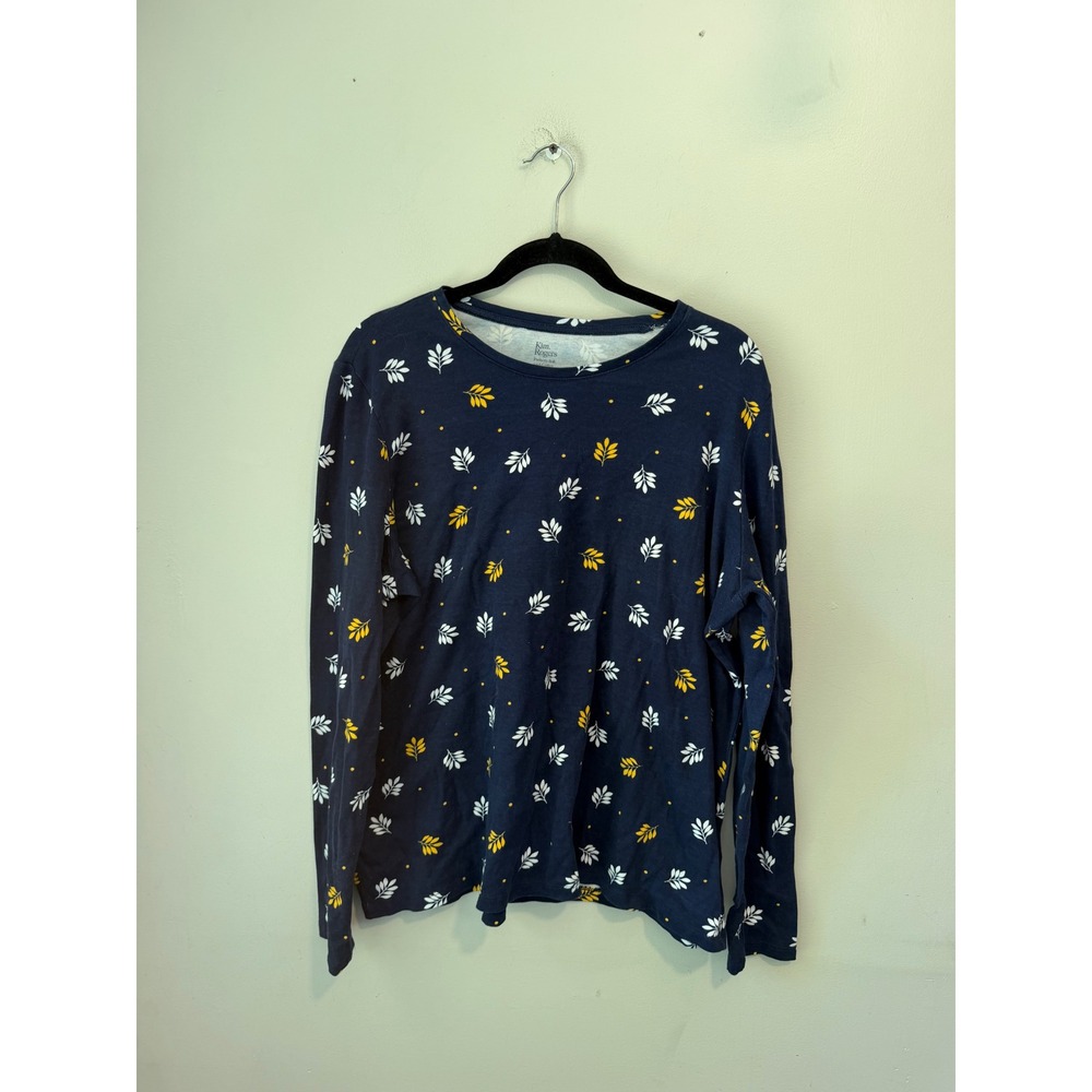 Kim Rogers Perfectly Soft Navy Leaf Print Cotton Long Sleeve Top XXL